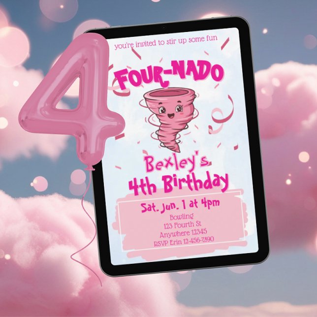 Convite Four-Nado Redemoinho Rosa 4º Aniversário (Criador carregado)