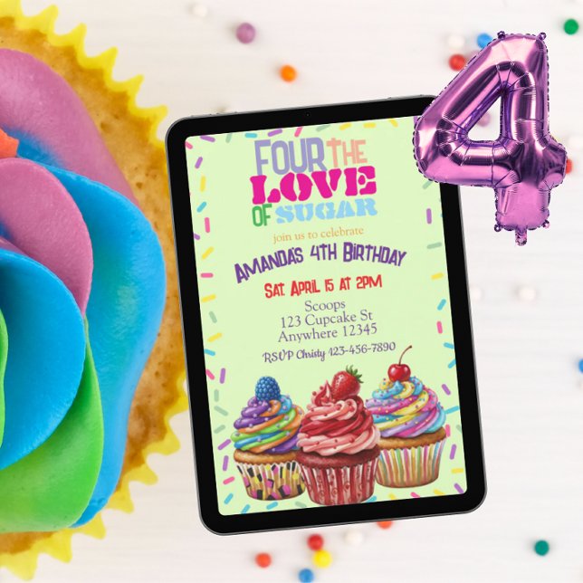 Convite Four the Love of Sugar, Cupcake 4th Birthday (Criador carregado)