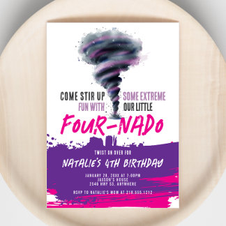 Convite Fournado Twister Tornado Púrpura Rosa Aniversário