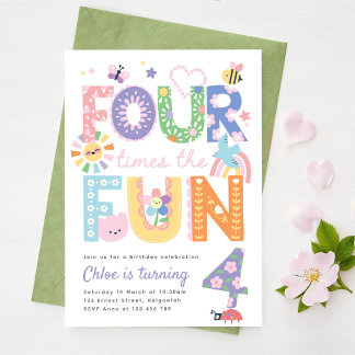 Convite Fourth Birthday Invite Girl, Four times the Fun 
