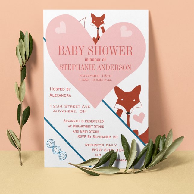 Convite Fox and Hearts Baby Girl Shower Invitations (Criador carregado)