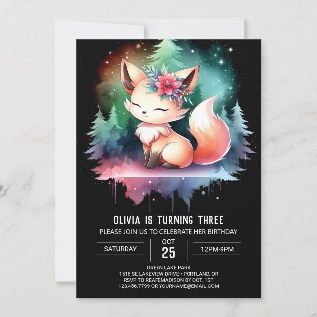 Convite Fox Aniversário Elegante de Aquarela (Frente)