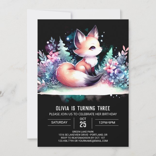 Convite Fox Birthday digital minimalista (Frente)