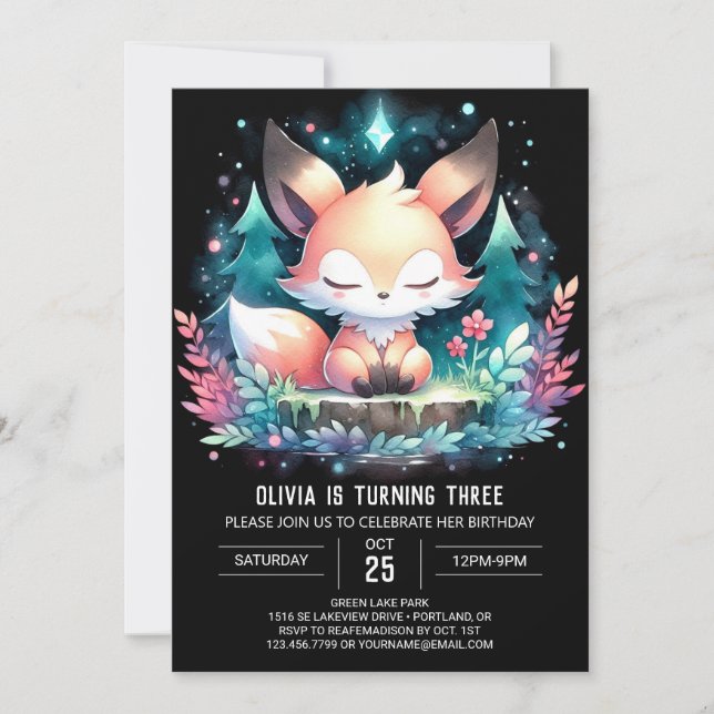 Convite Fox Birthday minimalista encantada digital (Frente)