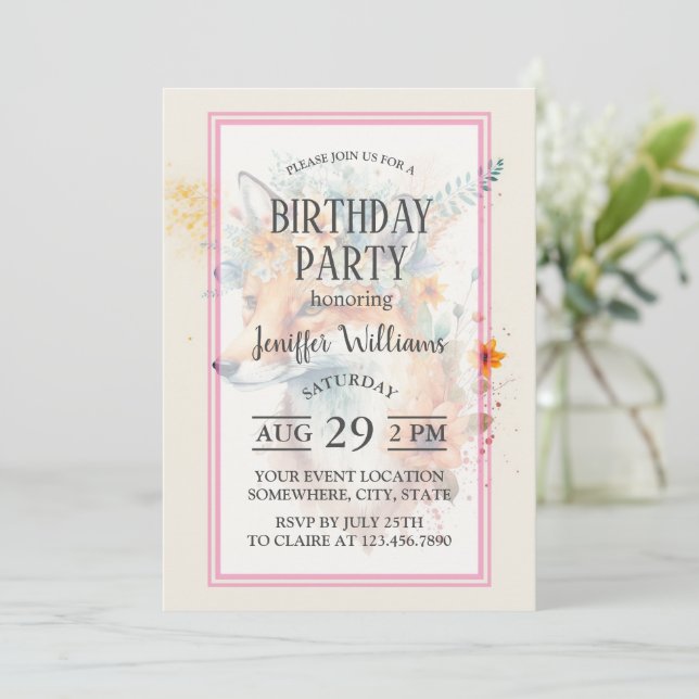 Convite Fox Flower Crown Watercolor                        (Em pé/Frente)