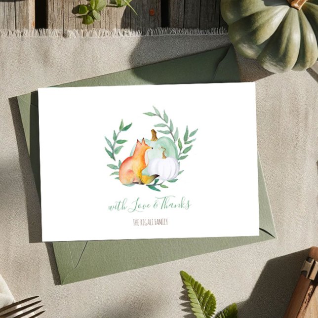 Convite Fox Pumpkin Woodland Verde Obrigado (Thank you card watercolor woodland fox and pumpkins fall )