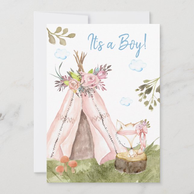 Convite *~* Fox Teepee Tent Boho Woodland Boy (Frente)