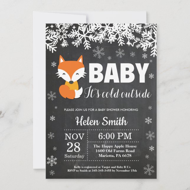Convite Fox Winter Chá de fraldas Chalkboard Invise (Frente)