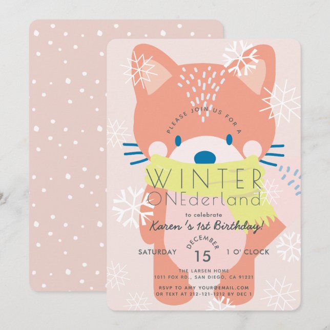 Convite Fox Winter Onederland Pink primeiro aniversario Co (Frente/Verso)