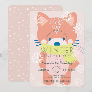 Convite Fox Winter Onederland Pink primeiro aniversario Co