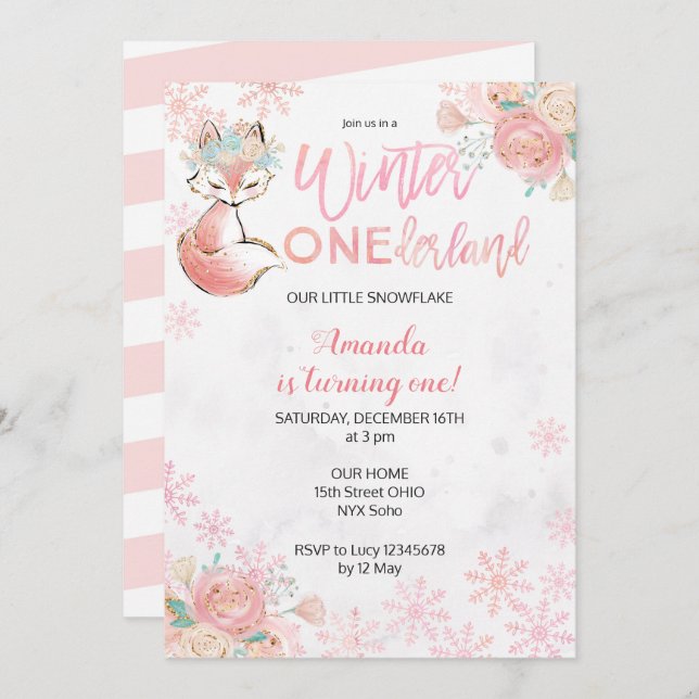 Convite Fox Winter ONEderland Snow Birthday Invite (Frente/Verso)