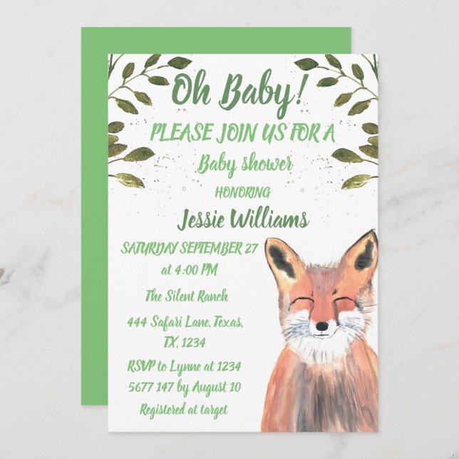 Convite Fox Woodland Animal Green Rustic Baby chá (Frente/Verso)