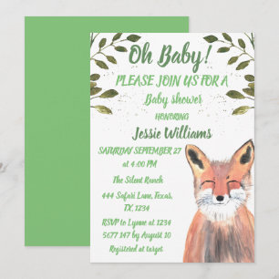 Convite Fox Woodland Animal Green Rustic Baby chá