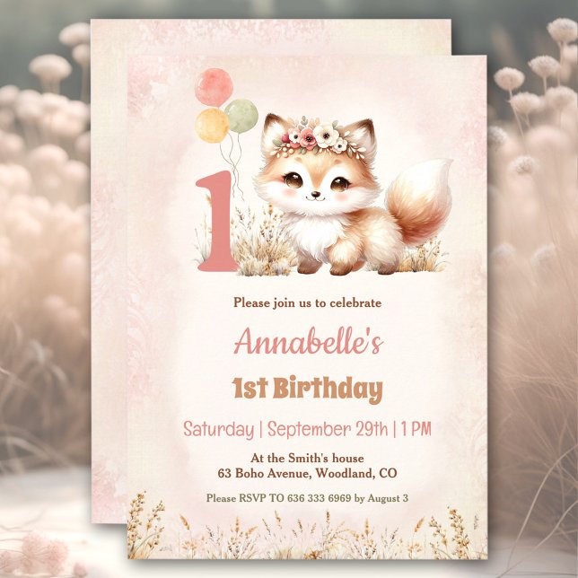 Convite Fox Woodland Boho Pastel primeiro aniversario (Cute Fox Woodland Boho Pastel Girl 1st Birthday Invitation)