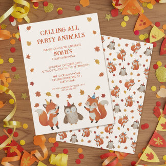 Convite Foxes and Owl Woodland Fall Kids Birthday Party