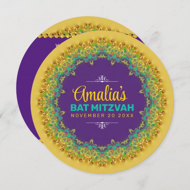 Convite Fractal Lace Purple Yellow Bat Mitzvah (Frente/Verso)