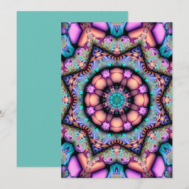 Convite Fractal Mandala Floral Psicodélico (Frente/Verso)