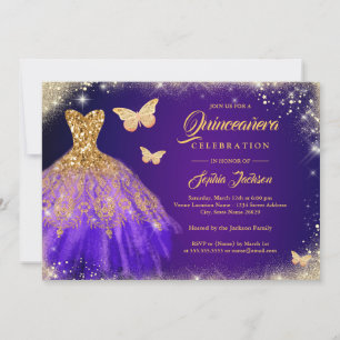 Convite Fragmento Dourado Roxo-Roxo Quinceanera