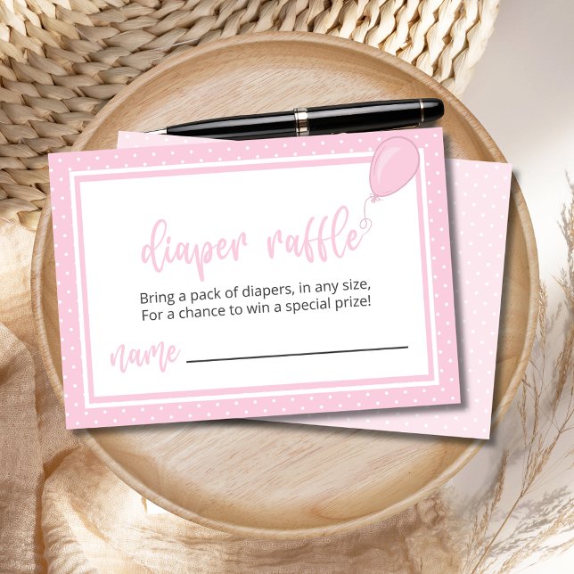 Convite Fralda Raffle Pastel Pink Bolinhas Girl BOHO (Pink Polka Dot Diaper Raffle Enclosure Card with Balloon, Customize with Your Own Poem.)