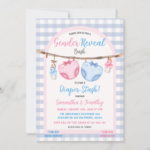 Convite Fralda Stash Boy ou Girl Gingham Gender Revement