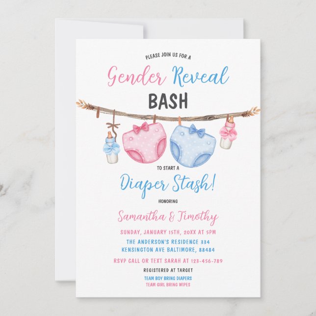 Convite Fralda Stash Clothesline Revelação de Gênero (Frente)