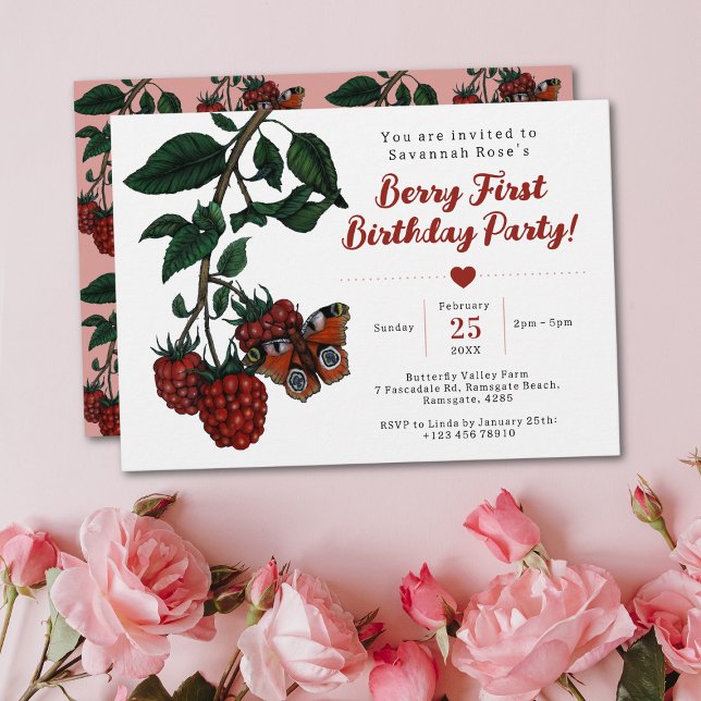 Convite Framboesa Vermelha Cura, Berry, Primeira Festa de  (Berry first birthday party invitations with a beautiful illustration of a butterfly on a raspberry)