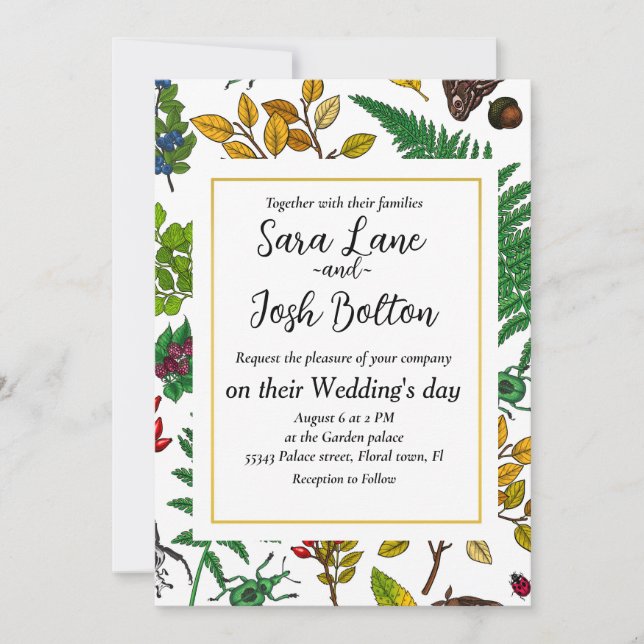 Convite Framboesas, folhas e insetos em branco (Frente)