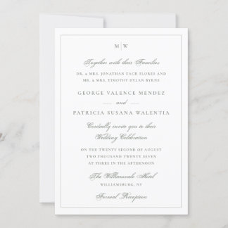 Convite Frame Classic Monogram Sage Gray White Wedding