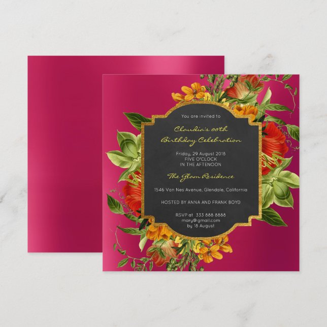 Convite Frame cor-de-rosa, Frame Dourado Barroco Floral (Frente/Verso)