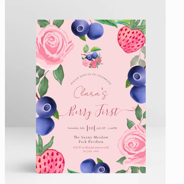 Convite Frame de Airelas e Morangos com Rosas Rosa (Blueberries & Strawberries Frame with Pink Roses First Birthday Invitation)