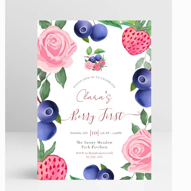 Convite Frame de Airelas e Morangos com Rosas Rosa (Blueberries & Strawberries Frame with Pink Roses First Birthday Invitation)