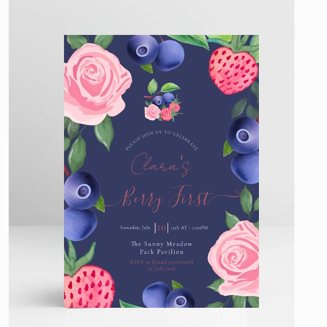 Convite Frame de Airelas e Morangos com Rosas Rosa (Blueberries & Strawberries Frame with Pink Roses First Birthday Invitation)