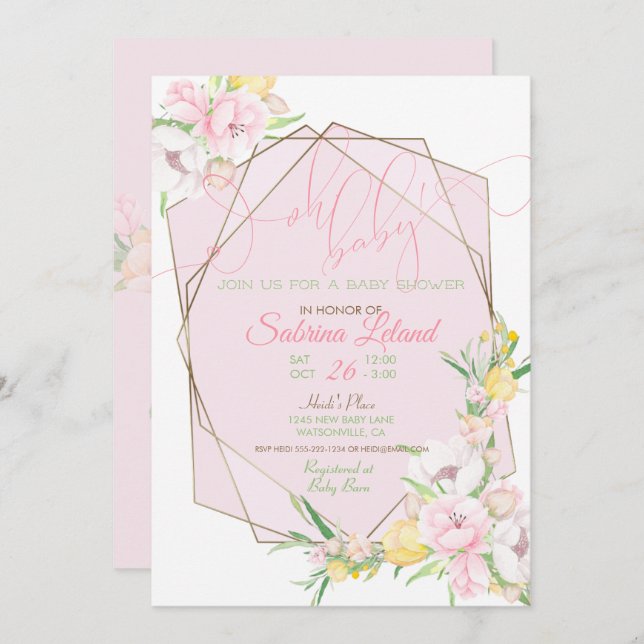 Convite Frame de Cristal de Chá de fraldas Floral Rosa Beb (Frente/Verso)