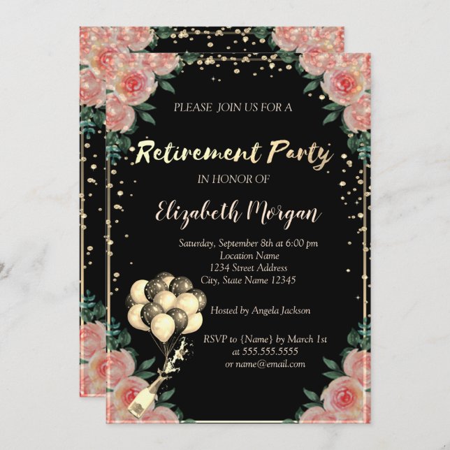 Convite Frame de Ouros, Balões, Festa de Reforma Floral (Frente/Verso)