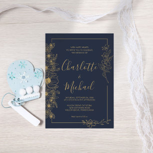 Convite Frame Dourado da Flor do marinho e Casamento Elega