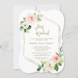 Convite Frame Dourado Floral Cor-de-Rosa Hens Bachelorette