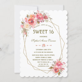 Convite Frame Dourado Floral de Lâmpada Doce Dezesseis