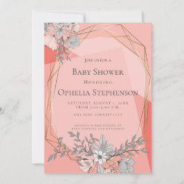 Convite Frame Dourado Geométrico Coral do chá de fraldas