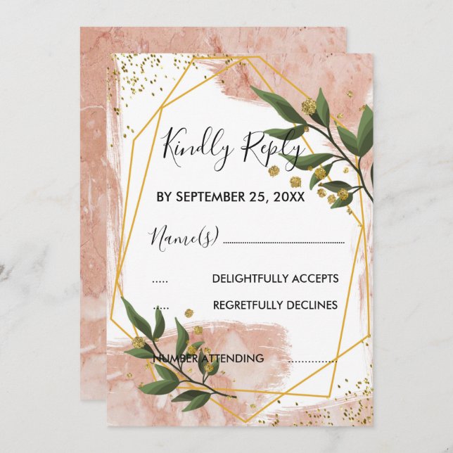 Convite Frame Dourado Moderno Ivory Green RSVP (Frente/Verso)