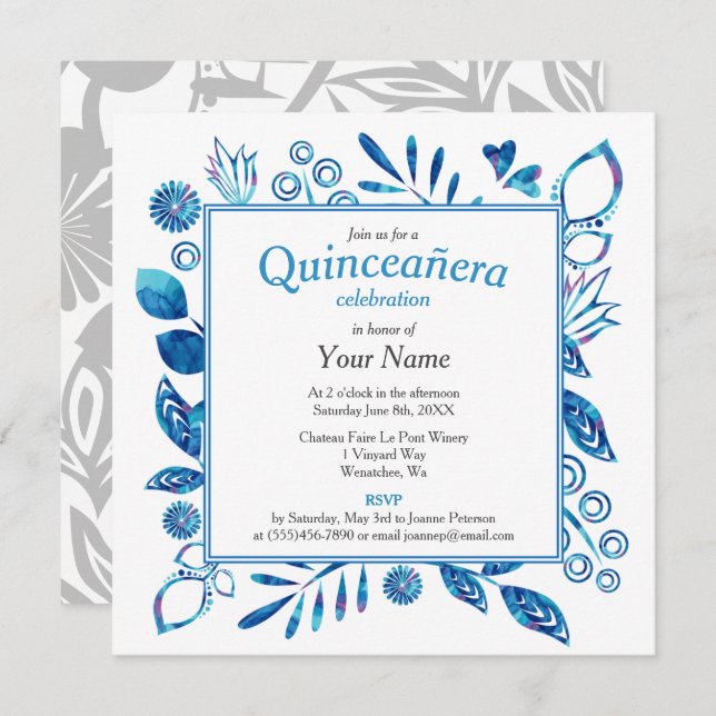 Convite Frame Floral Azul Quinceañera Square (Frente/Verso)