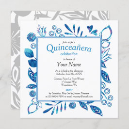 Convite Frame Floral Azul Quinceañera Square