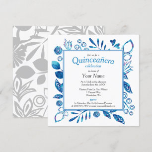 Convite Frame Floral Azul Quinceañera Square