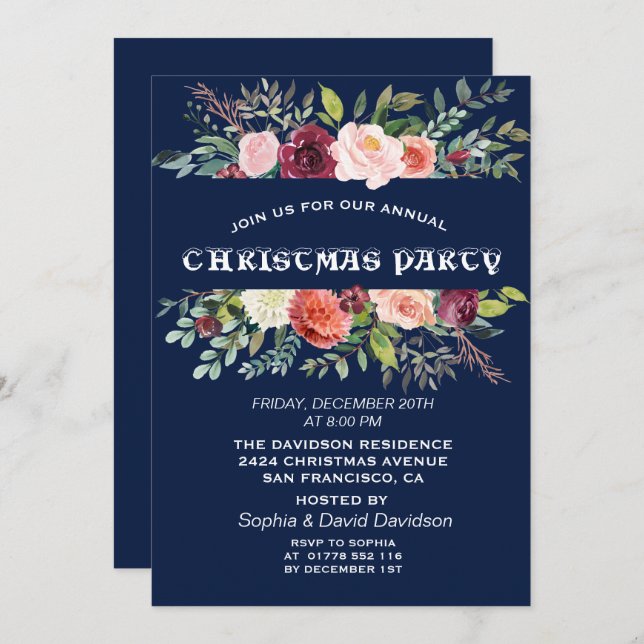 Convite Frame Floral Escuro Festa de Natal Azul (Frente/Verso)