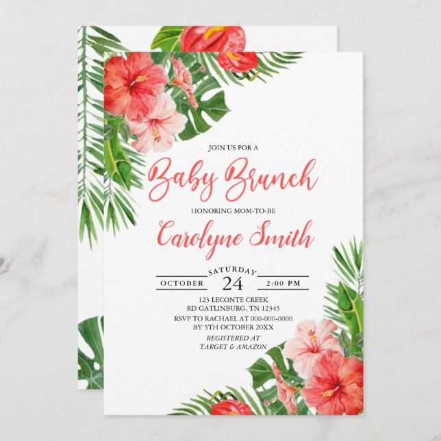 Convite Frame Floral Tropical Watercolor Baby Brunch (Frente/Verso)