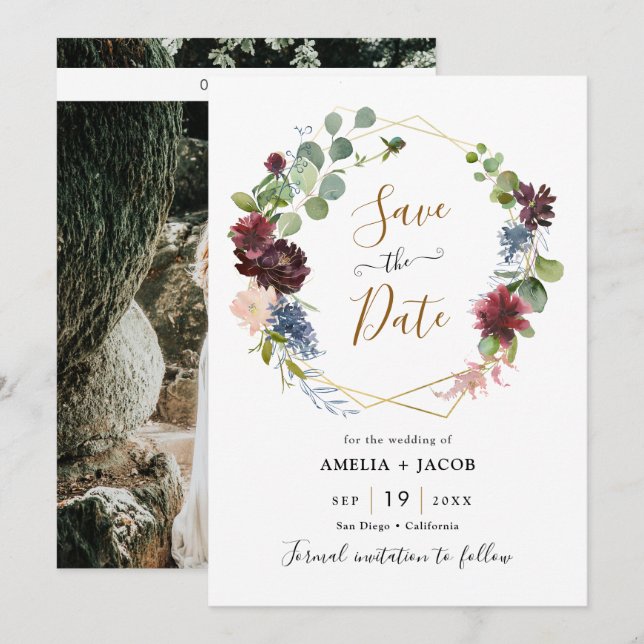 Convite Frame geométrico Borgonha Marinho Floral Salvar a  (Frente/Verso)