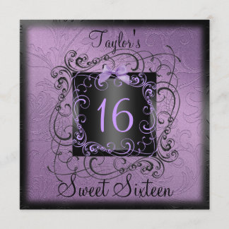 Convite Frame Roxo e Preto Sweet16 Aniversário Convidar