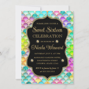 Convite Frame Scales de Sereia Iridescente e Dourado Sweet