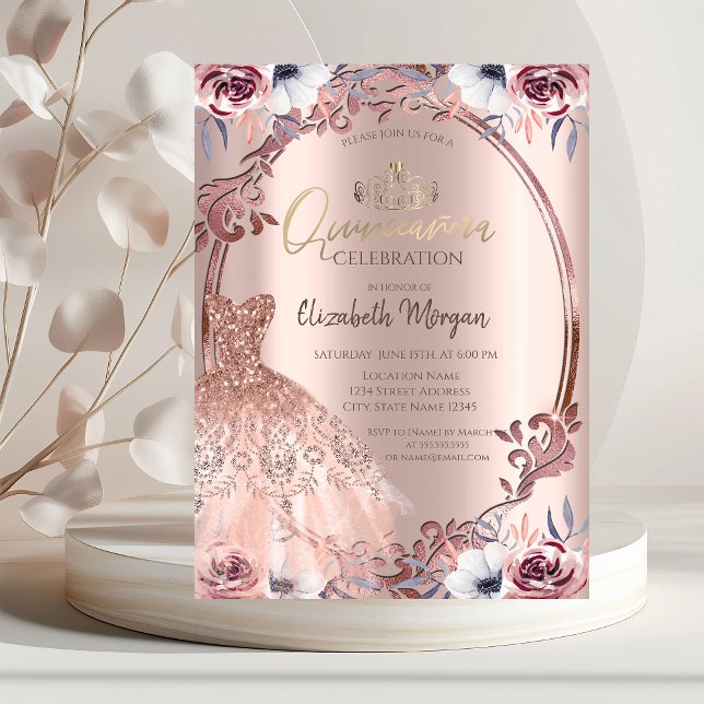 Convite Frame Swirls Boho Flowers Vestir Quinceañera (Criador carregado)
