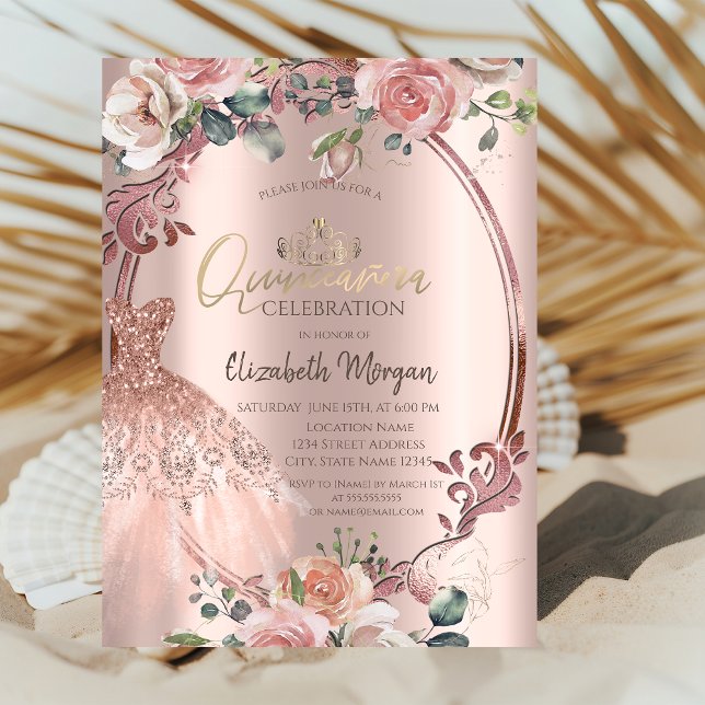 Convite Frame Swirls Escove Flores Vestir Quinceañera (Criador carregado)