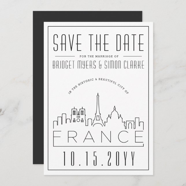 Convite França Wedding | Skyline Estilizado Salvar a Data (Frente/Verso)